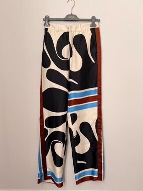 Zara Black & Cream Wide-Leg Patterned Trousers with Blue & Brown Stripes